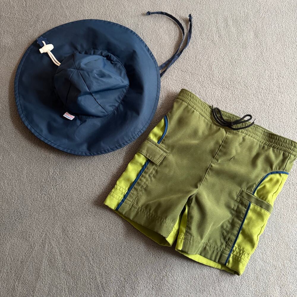 Kids REI Swim‎ Trunks 6M Green and Ruffle Butts Sun Hat 0-6M Blue